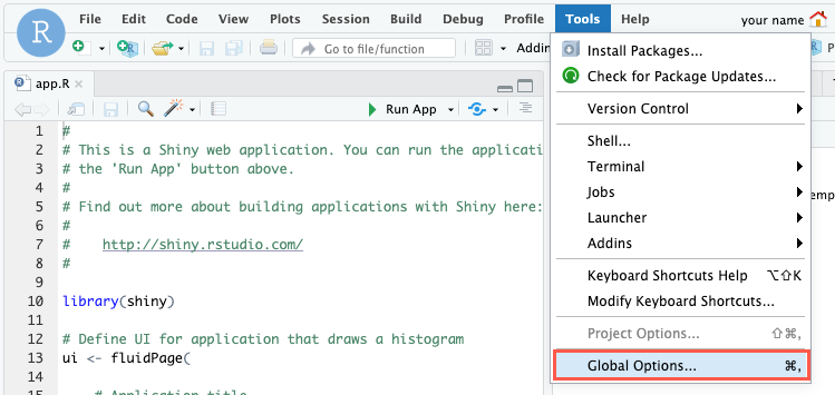 Screen capture of the Tools options with Global
  Options selected
