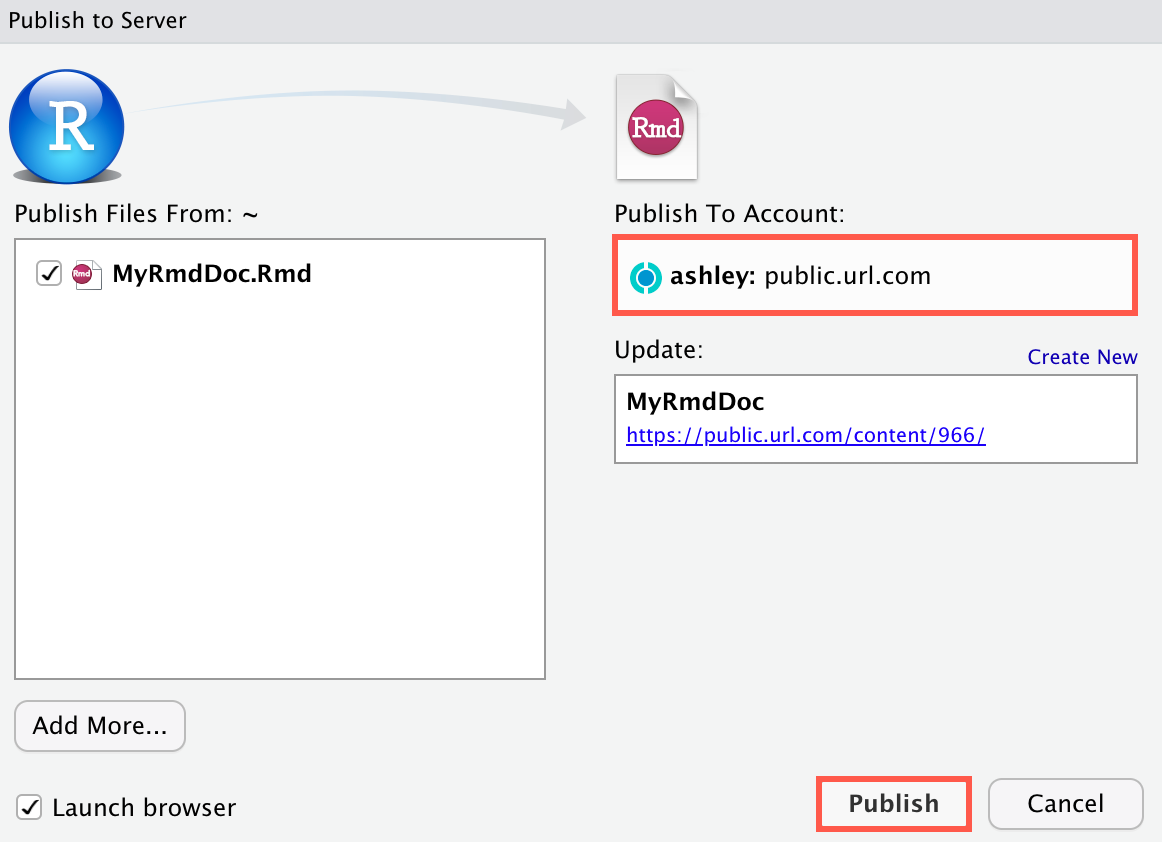 Publish to Server window with
user account selected