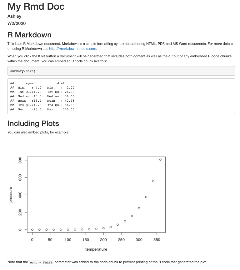 Example of the R Markdown document displaying in
a browser tab