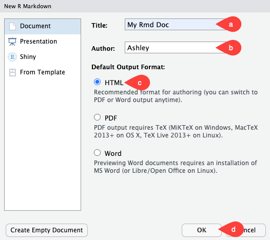 Screen capture of the New R Markdown configuration window