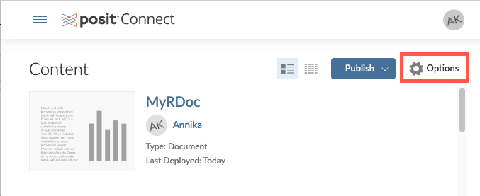 Screen capture of the Show options button selected