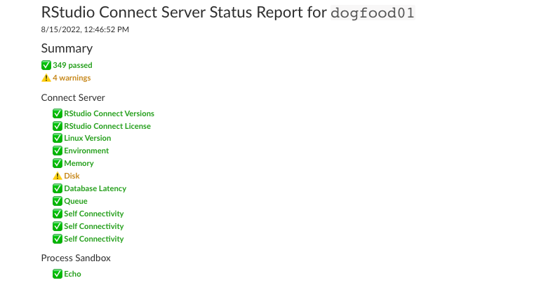 Screenshot of a sample (partial) Server Status Report summary.
