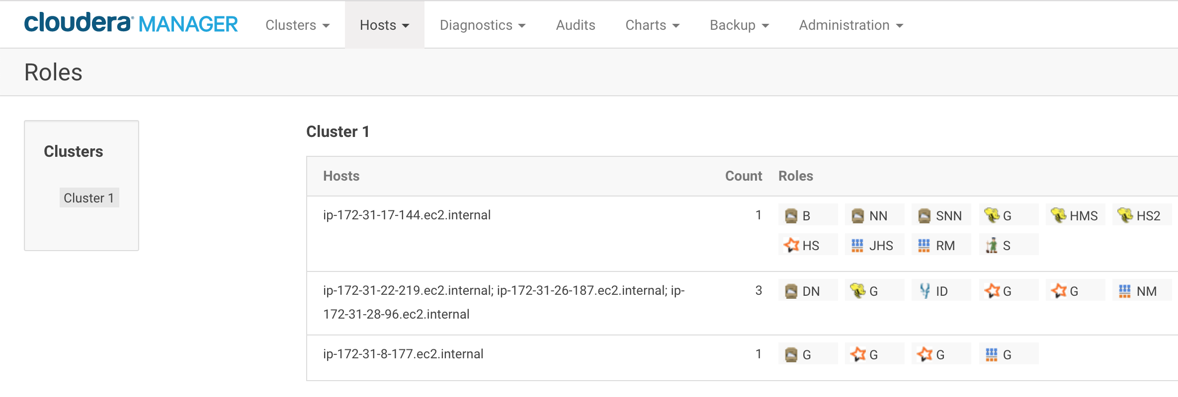 A UI screenshot
example diplaying a few hosts and their associated roles that were configured