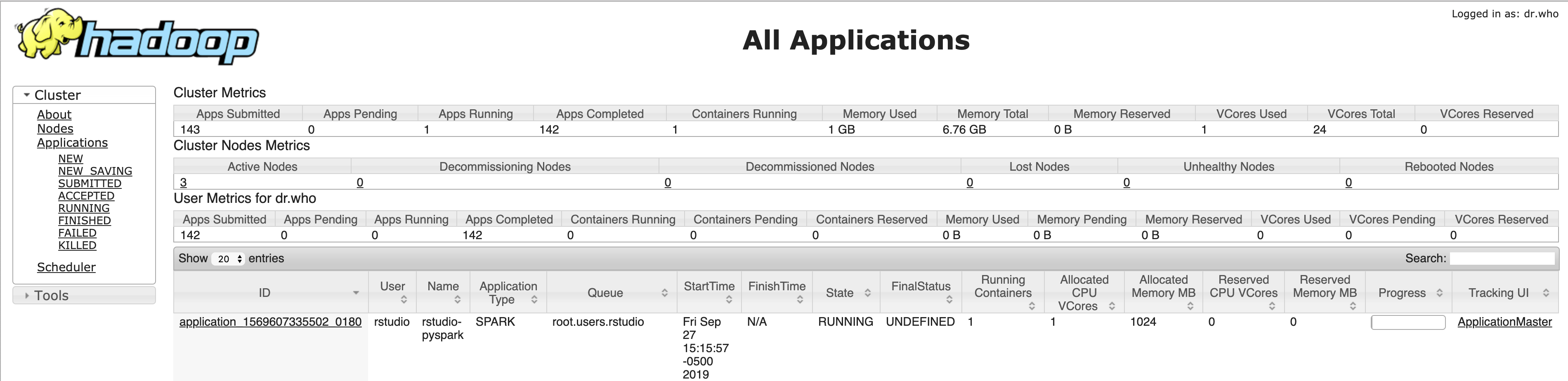 A UI screenshot example of the YARN resource manager