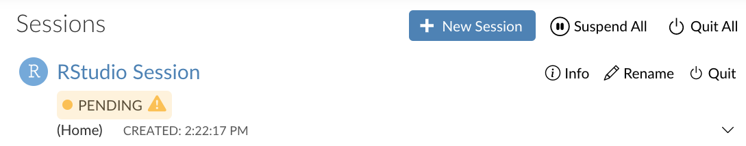 Workbench Home Page - New Session Pending Status