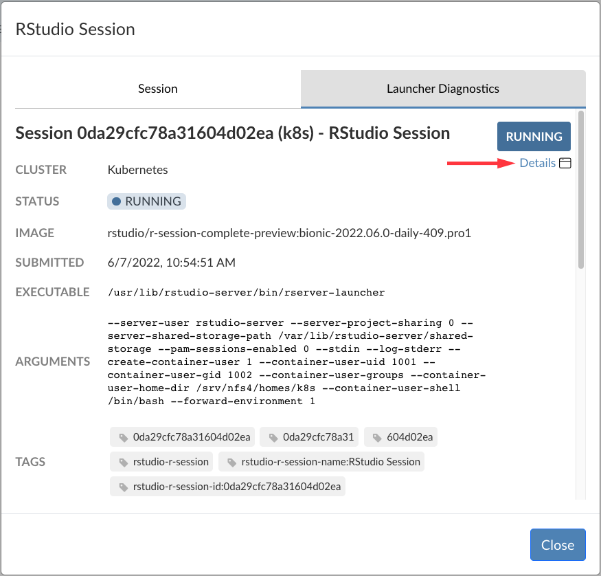 Workbench Home Page - Details Link in Session Info Dialog Box
