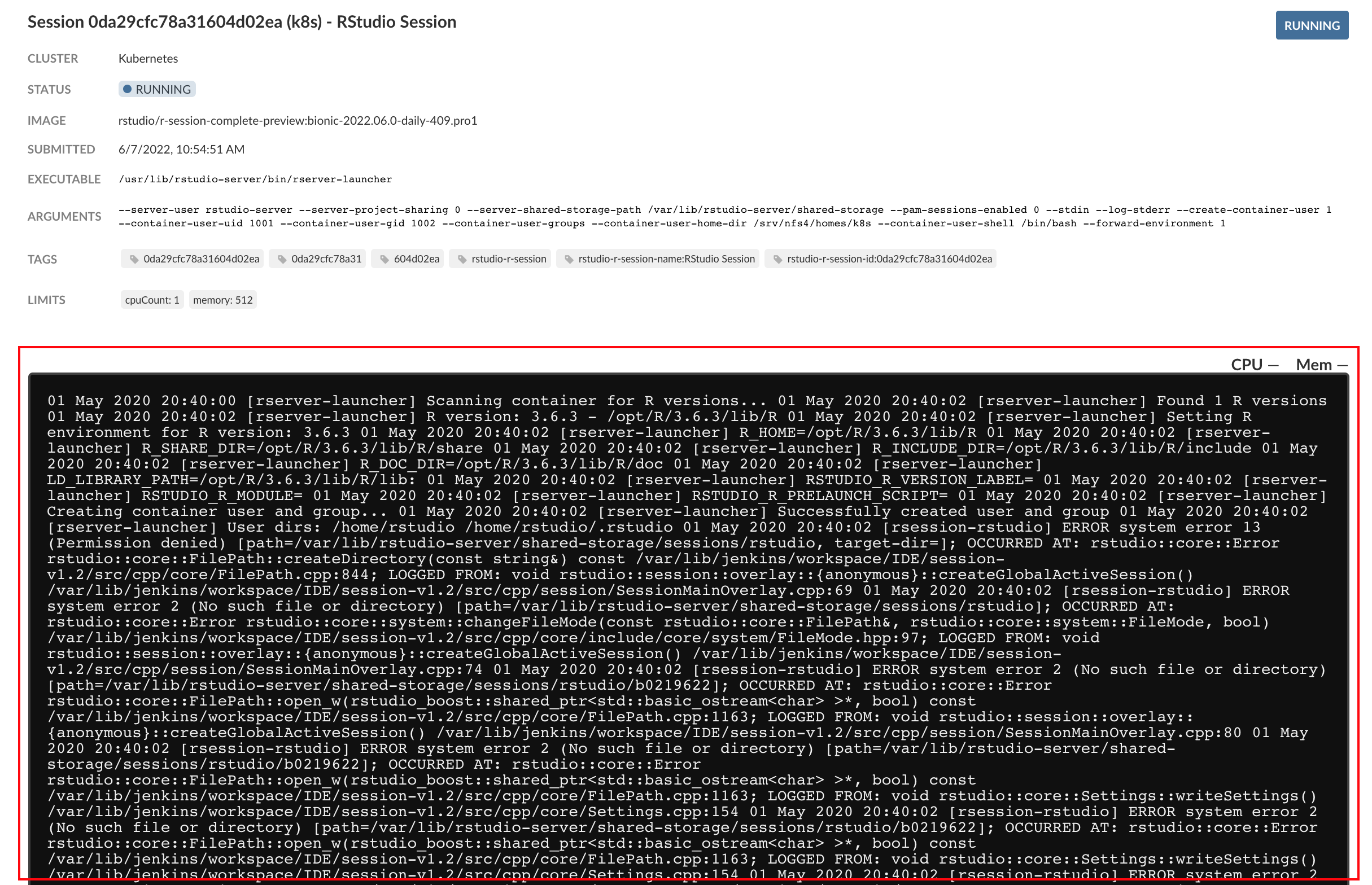Workbench Home Page - Session Logs on \<!--Posit Question - does this remain?-->RStudio Session Page