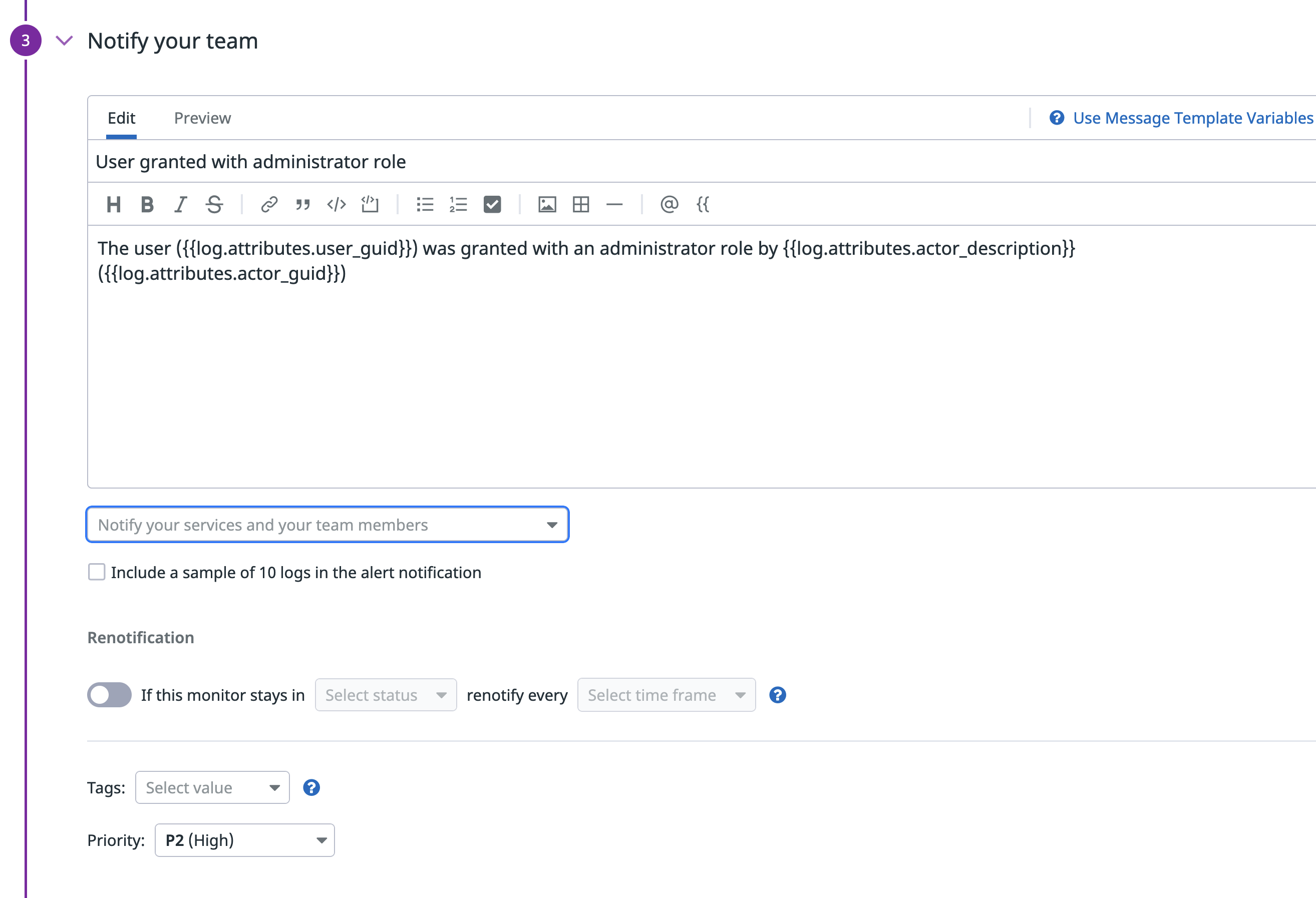Connect DataDog alerting message template