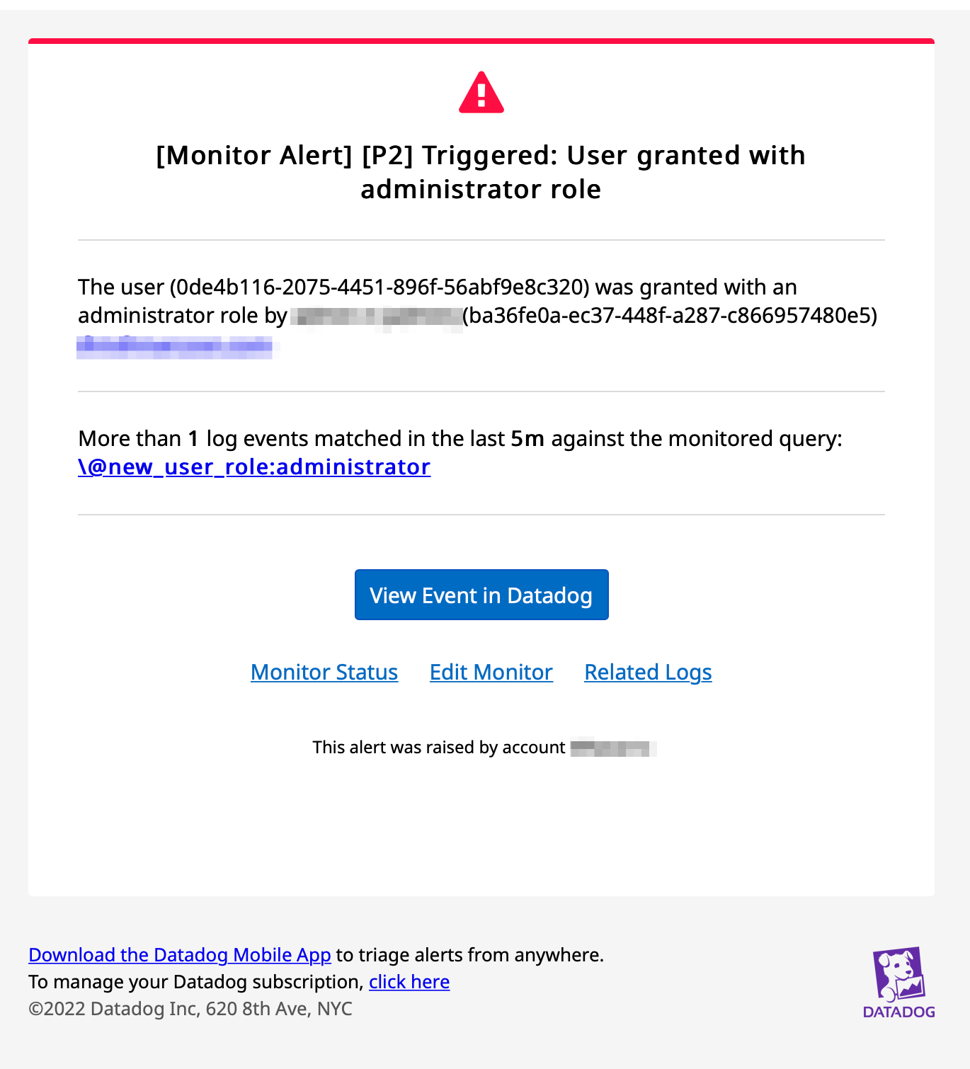 Connect DataDog admin role email alert